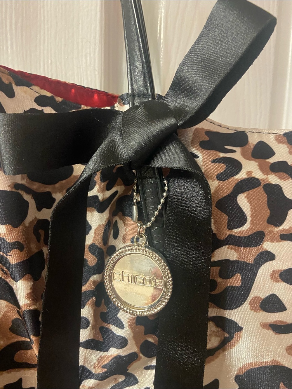 Chico's Leopard-Print Satin Tote with Black Trim and Red Lining - Picture 3 of 7